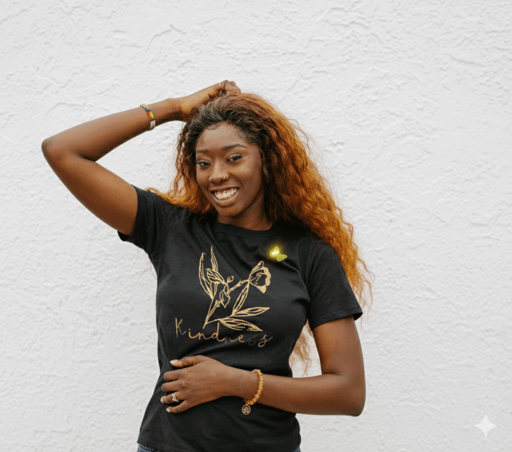 Lifestyle photo woman wearing t shirt flowery kindness in front of a white wall
