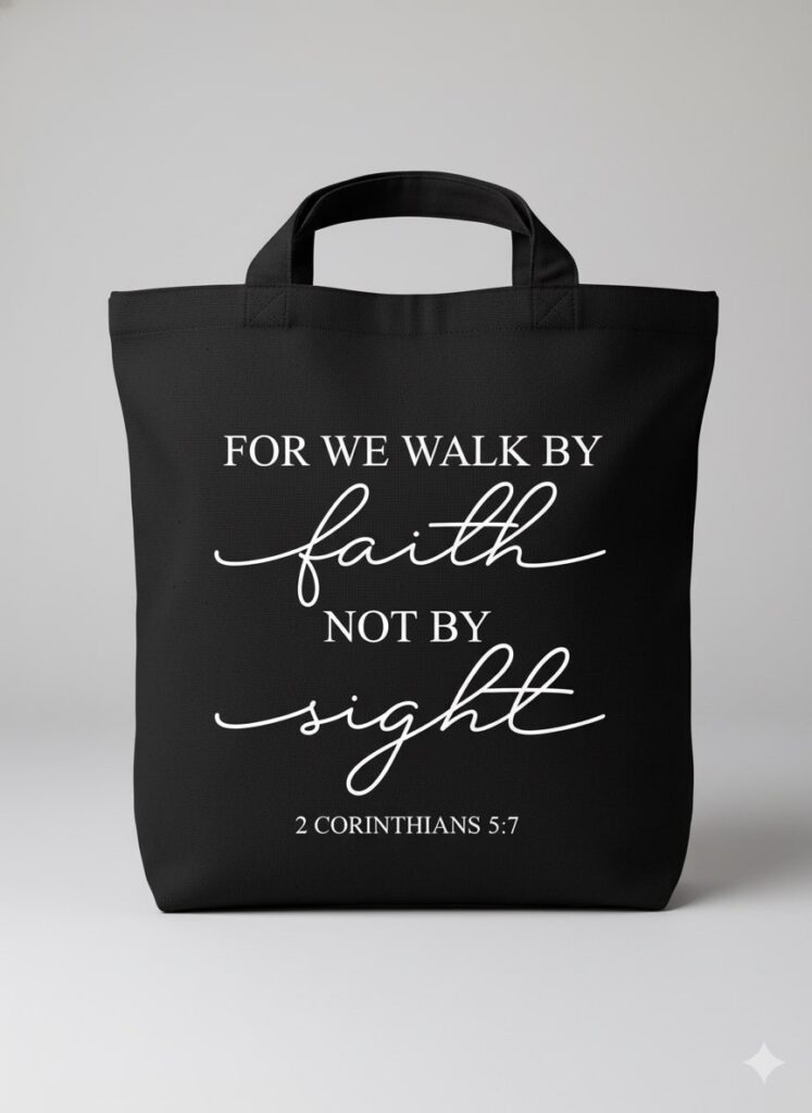 faith tote bag – 2 corinthians 5:7 scripture design (design 10a)