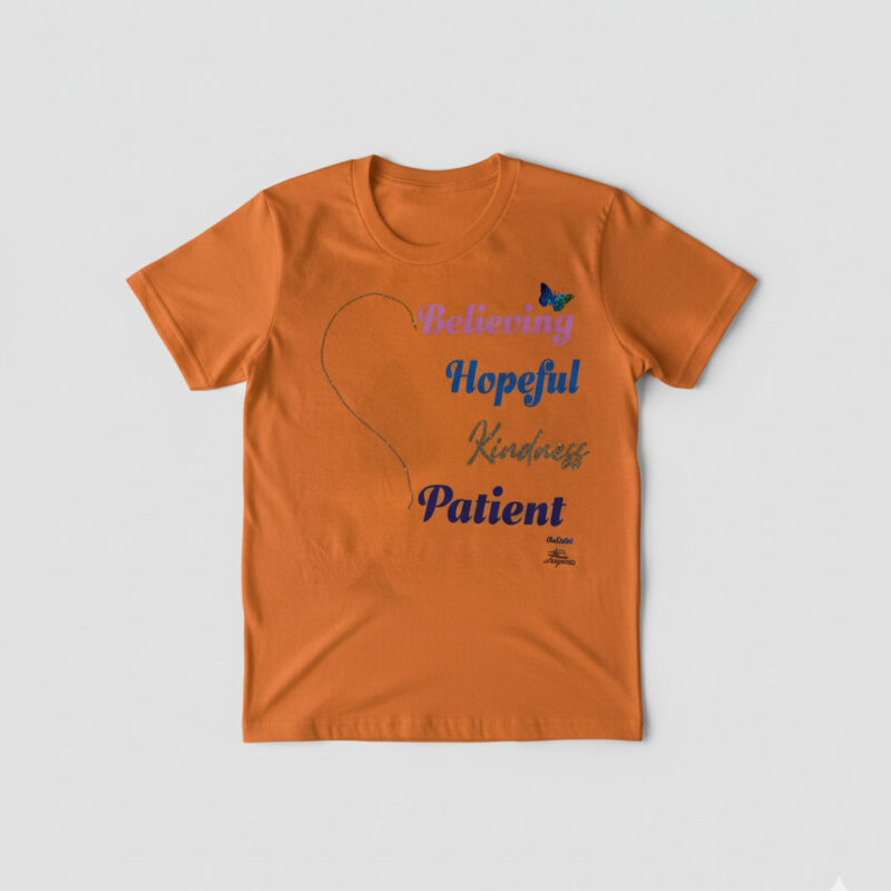 kindness tee – glitter gold heart & butterfly above “believing”