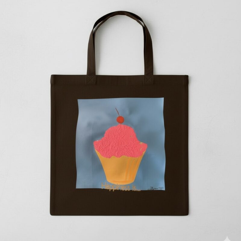 "happiness is" tote bag pink frosting & cherry top (design 2b)