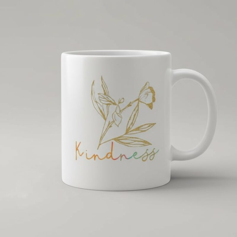 flowery kindness mug gold flower with holographic lettering (design 1e)