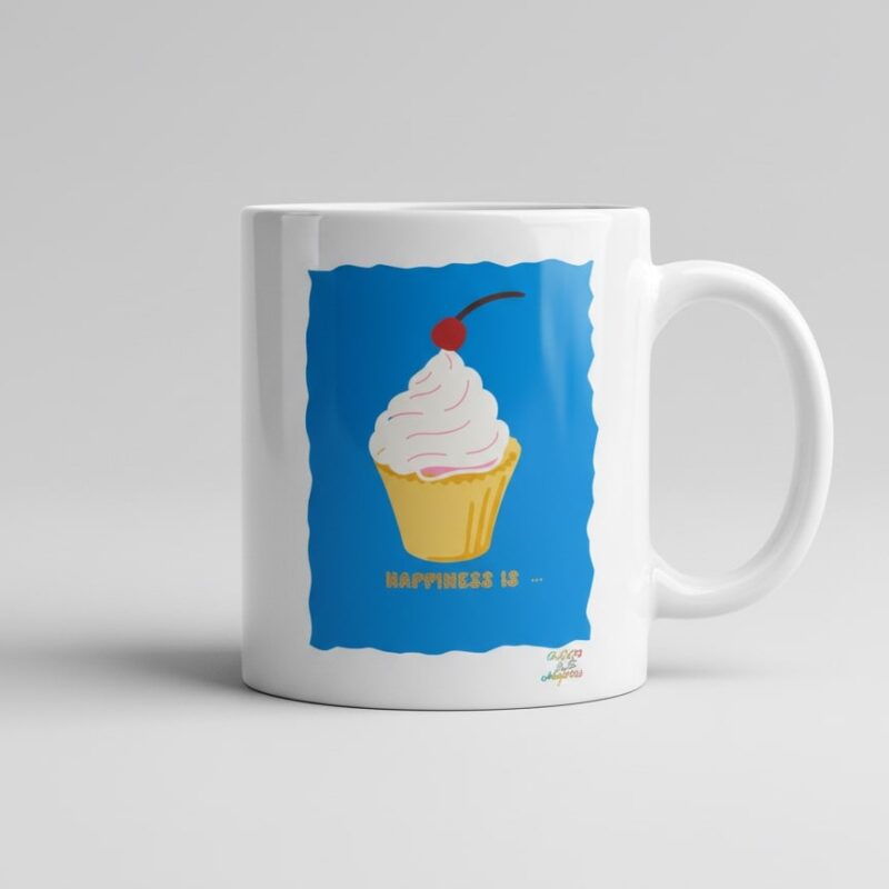 happiness is mug white frosting & cherry top (design 2a)
